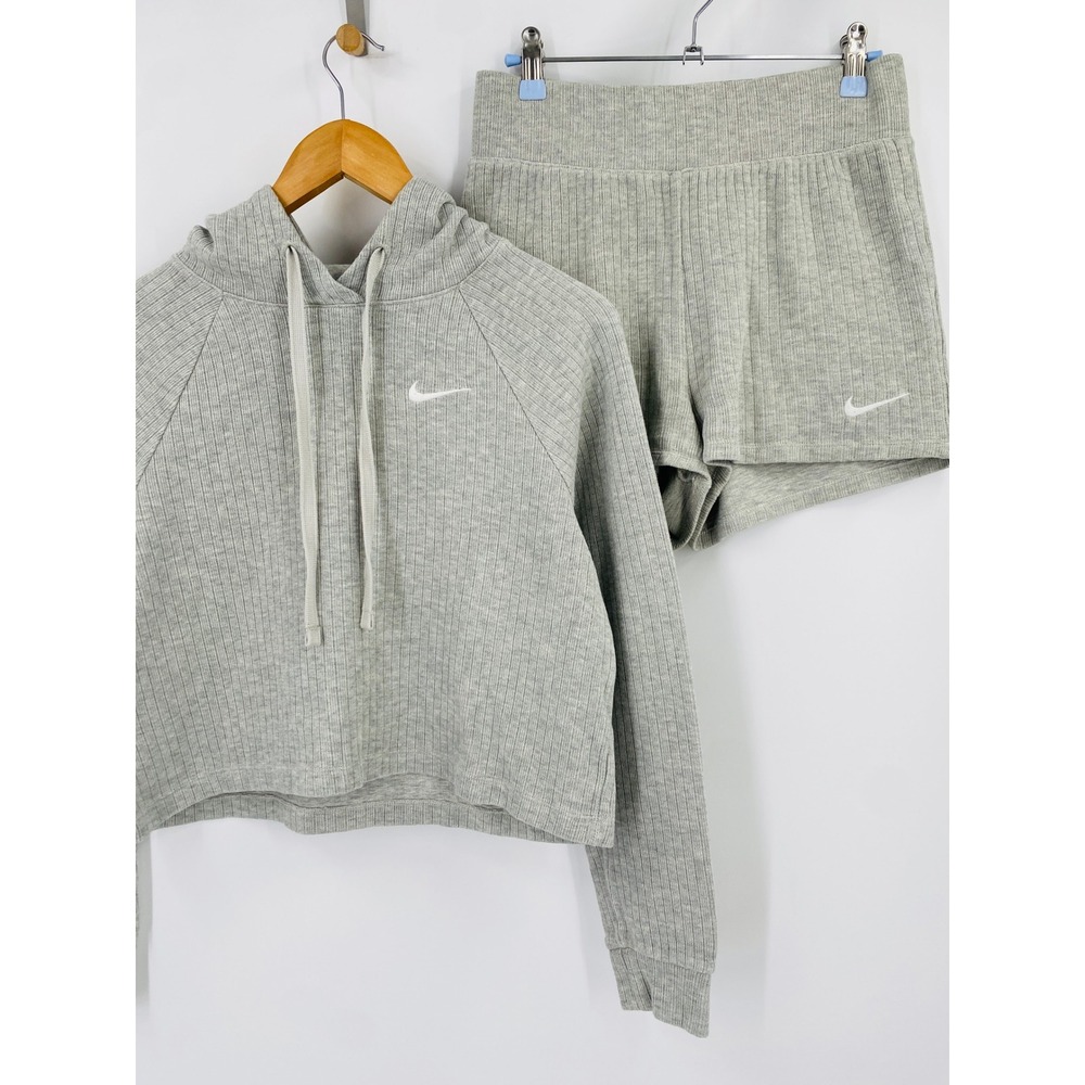 Nike Ribbed Hoodie and Shorts Set Women Small Gray Athleisure